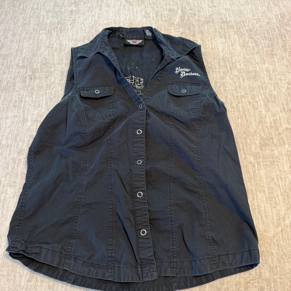 Harley-Davidson Women's Bling Black Sleeveless Button Front Shirt‎ Vest Size L